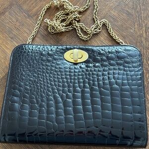 HOLT RENFREW VINTAGE BLACK ALLIGATOR HANDBAG CLUTCH GOLD CHAIN CROSSBODY